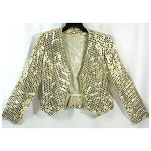 Vintage Metallic Gold Sequins Cropped Collarless Jacket Blazer S 1980s Costume